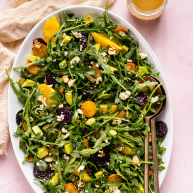 Get ready to fall in love beets! This Roasted Beet and Citrus Salad with peppery arugula, creamy goat cheese & avocados makes for the perfect lunch or side dish.