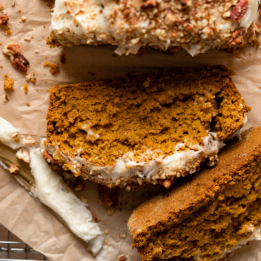 There's nothing that marks the start of fall like freshly baked pumpkin bread. This gluten-free loaf with cream cheese frosting and crumbled pecans is the perfect sweet treat for autumn!
