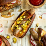 Bratwurst hot dogs loaded with toppings