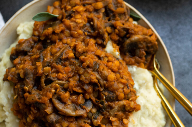Hearty Vegetarian Lentil Stew Over Mashed Potatoes