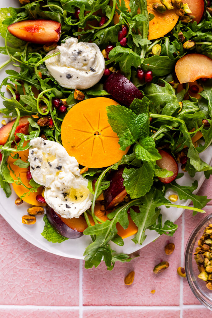 A close up view of the salad showing detail of the layering in the salad.