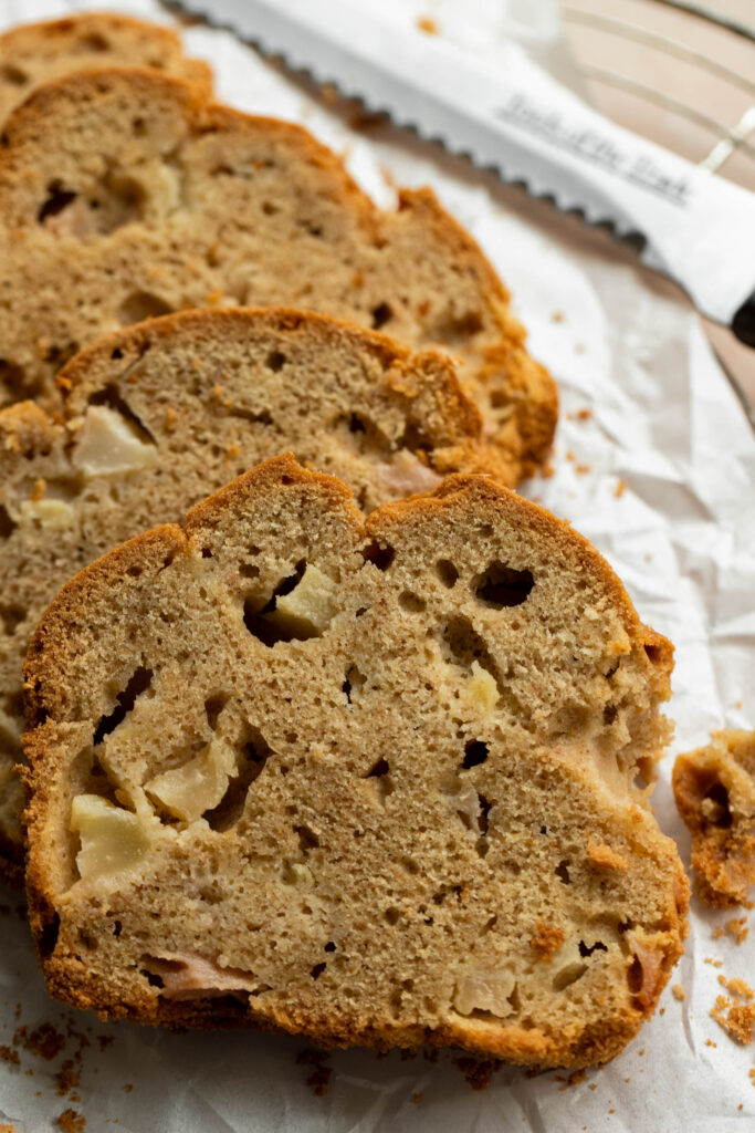 Pieces of pear are baked to perfection inside this spiced loaf.