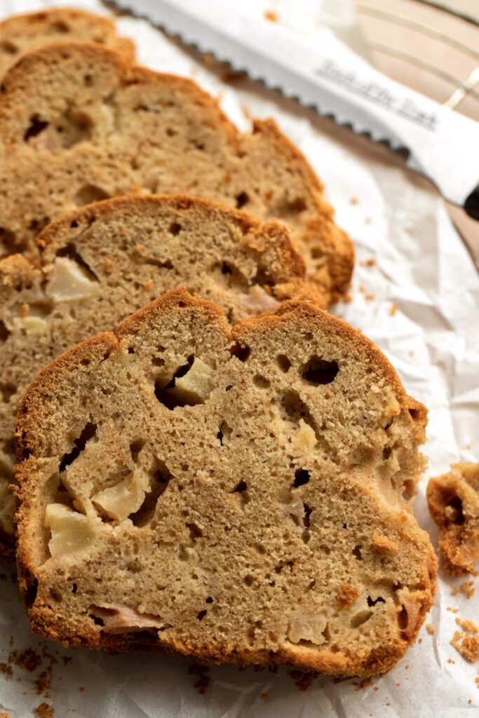 A close look at the spiced pear loaf, showing the pieces of pear in the interior!