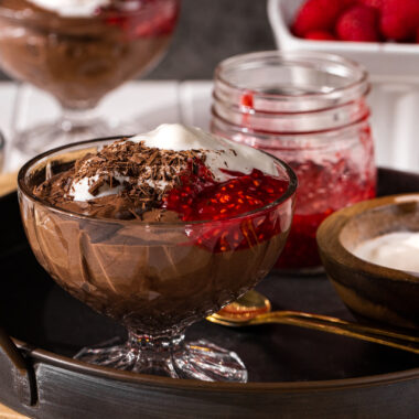 This silky Chocolate Mousse with raspberry jam, walnut butter, and cocoa nibs is the perfect healthy treat that will satisfy all your cravings.