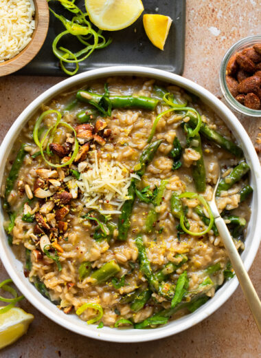Is there anything better than creamy risotto with lemony asparagus, fresh leeks, and slivered garlic almonds? The answer to that would be no, there's really not anything better.
