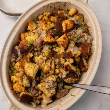 This savory, gluten-free stuffing is a must-make recipe this holiday season! With homemade cornbread and flavorful bacon, everyone will be wanting a second serving of this stuffing.