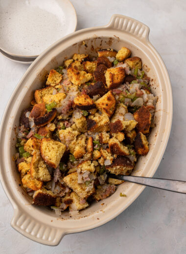This savory, gluten-free stuffing is a must-make recipe this holiday season! With homemade cornbread and flavorful bacon, everyone will be wanting a second serving of this stuffing.