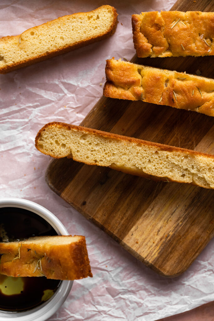 The focaccia bread texture should be light, fluffy and not dense.