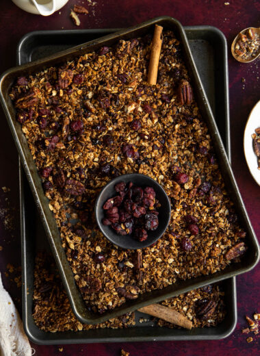 This chai spiced holiday granola with cranberries is the perfect easy breakfast or snack!
