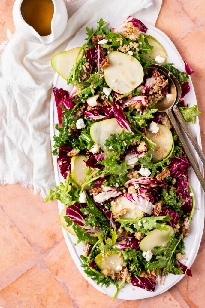 This vibrant salad features radicchio, baby kale, Bartlett pears, pecans and goat cheese. 