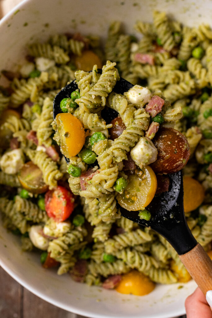 The sweet flavor of the pesto is balanced beautifully in this pasta salad. 