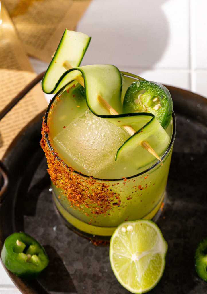 A close up of the finished garnishes to the cucumber jalapeño margarita.